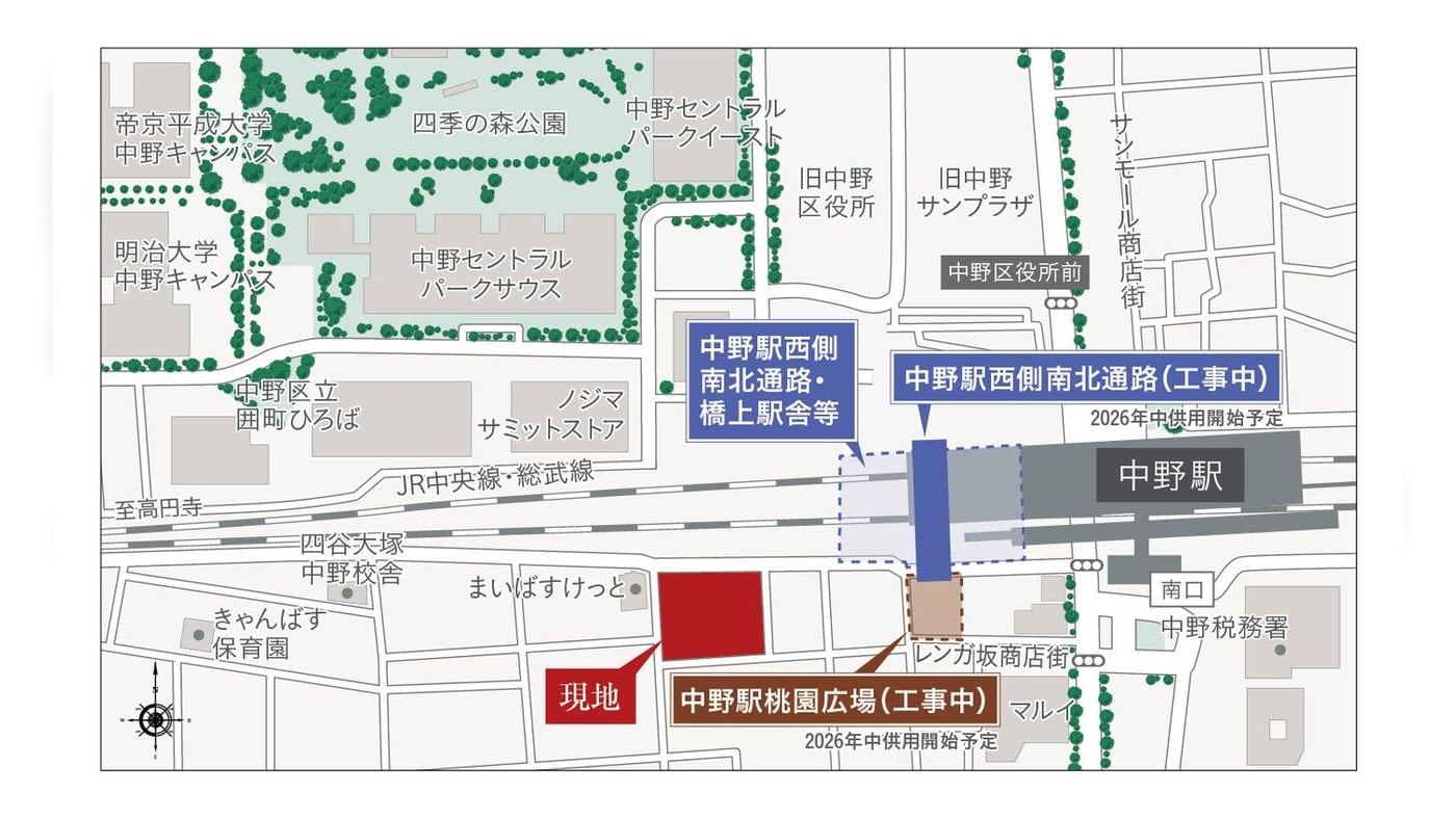 計画地の位置図。中野駅の南西側に「現地」が赤く示され、工事中の中野駅西側南北通路・橋上駅舎、中野駅桃園広場、四季の森公園、中野セントラルパークなどが記されている